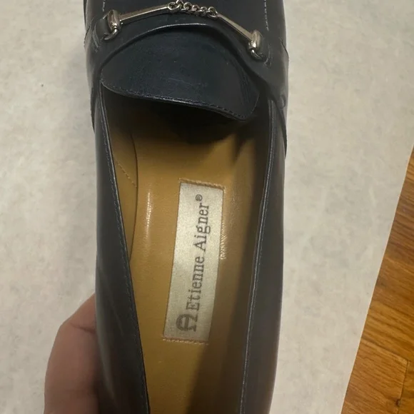 Etienne Aigner high life heels navy leather silver buckles pumps - Picture 7 of 9